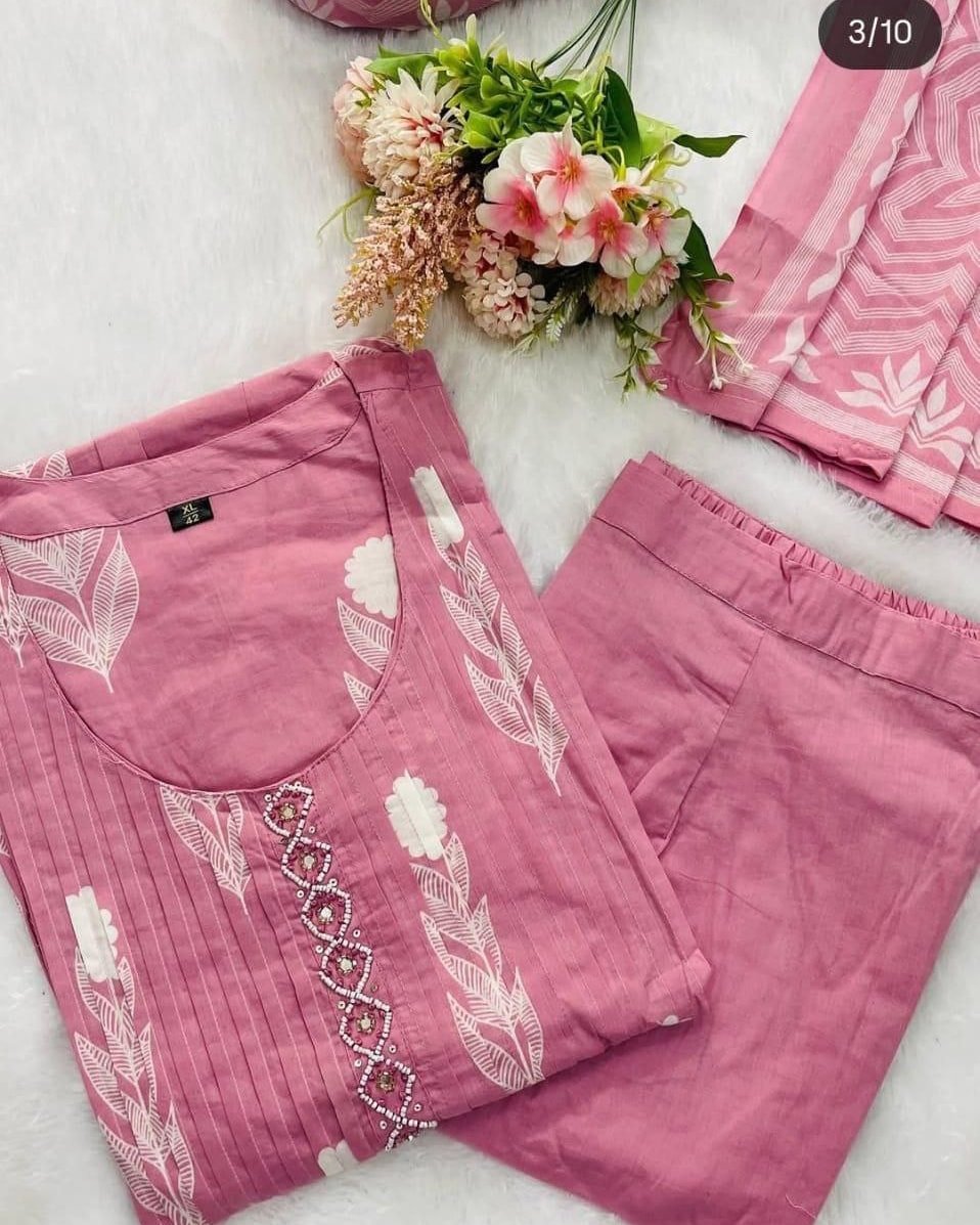 Pink Cotton Embroidered Kurti Suit Set with Dupatta